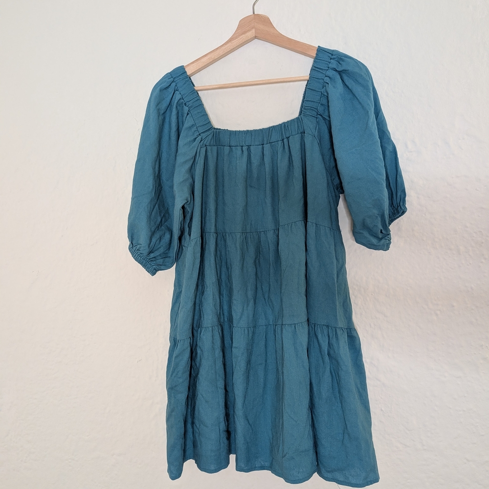Blue Linen Smocked Mini Dress with Puff Sleeves